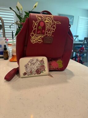Loungefly Burgundy Floral Beauty and the Beast Backpack with Cream Rose Wallet